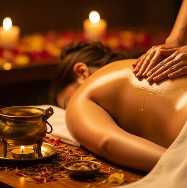 Relaxing back massage with warm oil in a serene spa setting.
