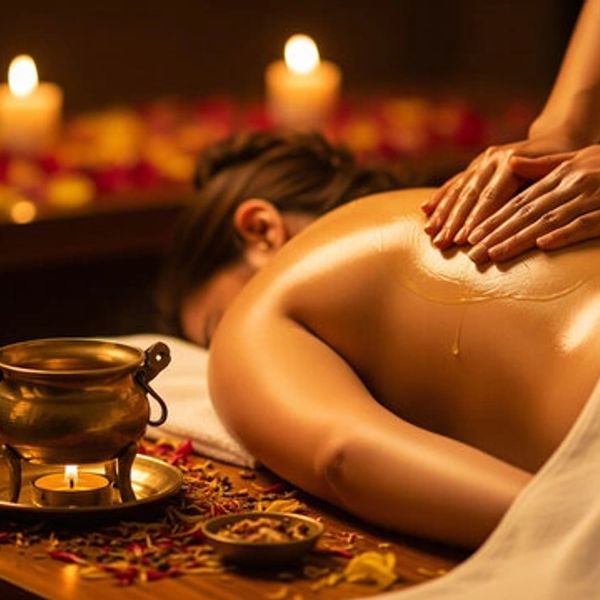 Relaxing back massage with warm oil in a serene spa setting.