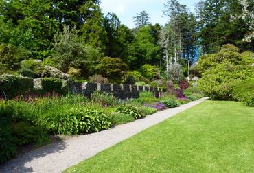 A lush garden pathway bordered by greenery and a stone wall.