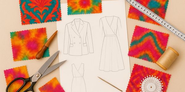 Fashion design sketches surrounded by colorful fabric swatches and sewing tools.