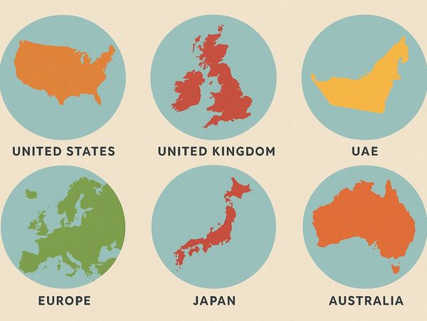 Maps of six regions: US, UK, UAE, Europe, Japan, Australia.