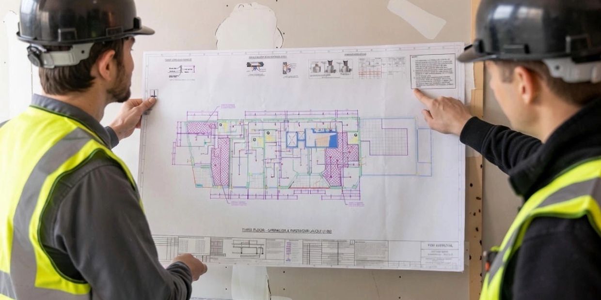 Two construction workers reviewing a building blueprint on site.