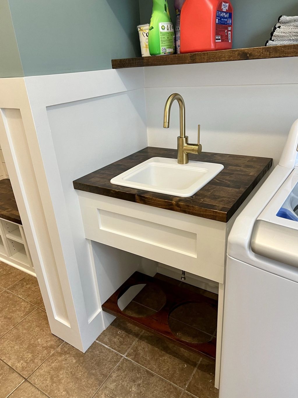 Mudroom vanity with dog-bowl cutout