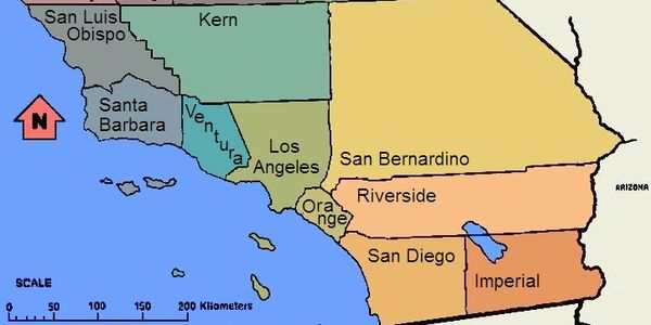 Map of Southern California counties with borders and names.