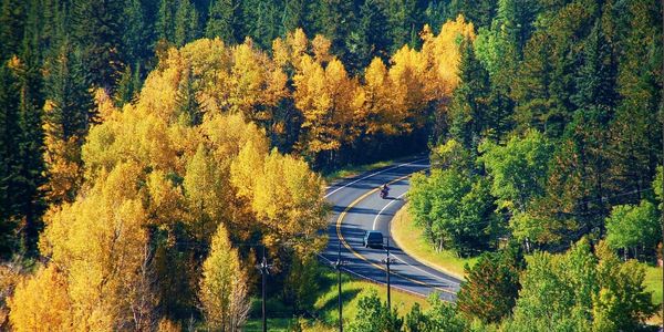 A winding road through a forest with autumn foliage and a car and motorcycle.