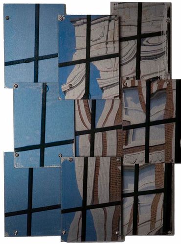 Warped photo of a building across nine metal tiles