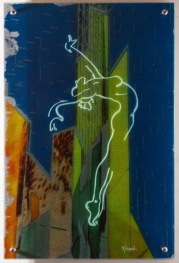Line drawing of a woman dancing, etched in glass against a colorful, architectural background photo