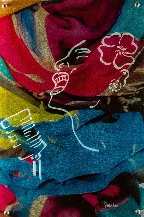 A simple line drawing of "Lady Day" Billie Holiday's face is layered on top of a colorful background