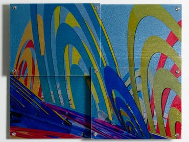 Abstracted close up of a colorful, geometric sculpture across four tiles