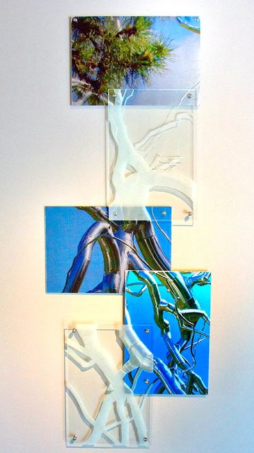 Close up, colorful photo of a tree across 3 large metal tiles and 2 etched glass tiles