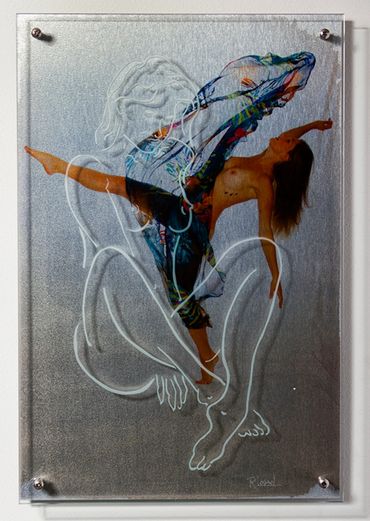 Line drawing of a seated woman etched in glass over a photo of nude woman tossing a colorful scarf
