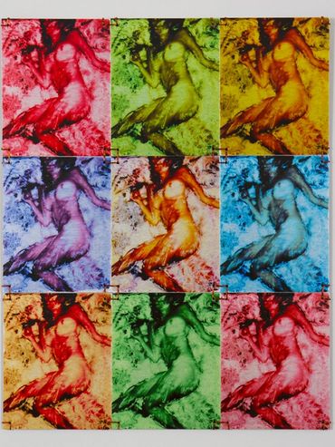 9 identical metal photos of a nude woman in different colors, assembled like a quilt or Warhol print