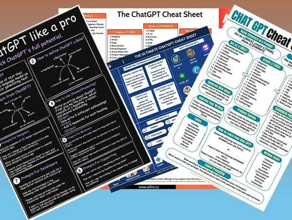 A collage of ChatGPT cheat sheets with tips for effective prompt creation and usage.