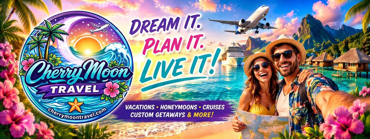 Happy couple selfie on tropical beach with travel elements and Cherry Moon Travel logo.