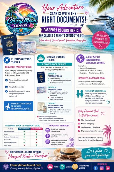 Guide to passport requirements for international flights and cruises by CherryMoon Travel.