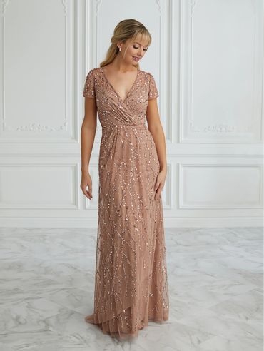 Christina Wu Mother of the Bride 17045 - V Neck Short Sleeve All Sequin Lines Flowy Skirt