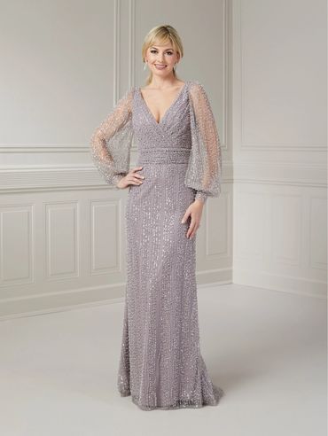Christina Wu Mother of the Bride 17124 - V Neck Long Sheer Cuff Sleeves All Beaded Pearl Waistband a