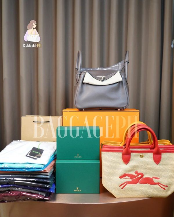 Hermes lindy, Longchamp bag, Rolex box, Scarves