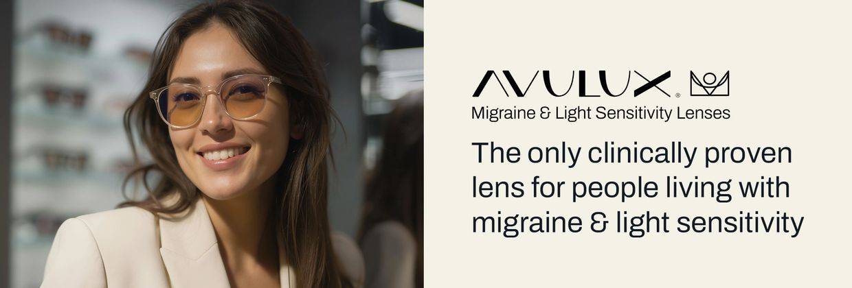Woman wearing Avulux migraine and light sensitivity lenses.