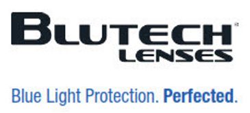 Blutech Lenses logo with blue light protection slogan.