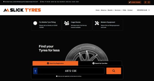 AA Slick Tyres Ltd: Homepage - populated with your logo, colour scheme and business contact details