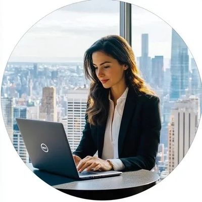 Professional woman working on a laptop in a high-rise office with a city view.