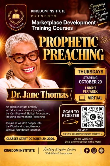 Training course on Prophetic Preaching by Dr. Jane Thomas starting October 29, 2026.
