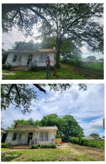 Two photos showing a person working near a white house with a tree, one during cloudy weather and one on a sunny day.