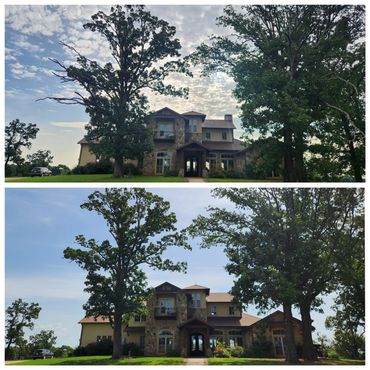 Two photos of a stone house with large trees and a car on a sunny day.
