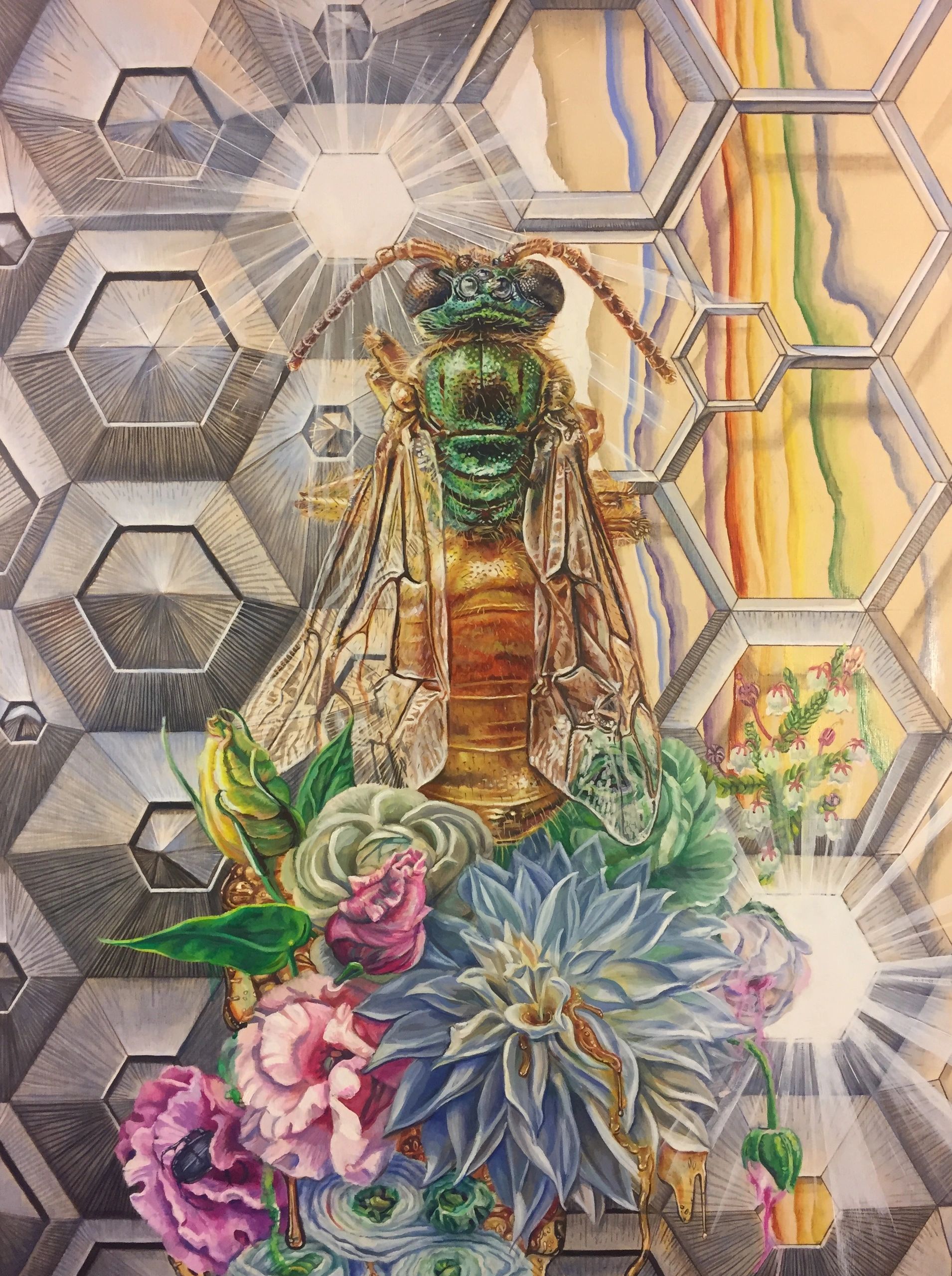 visionary art painting of a bee, flowers and geometry by Michelle Anderst
