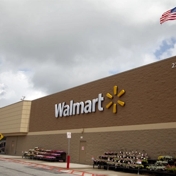 Walmart storefront and flower stands.