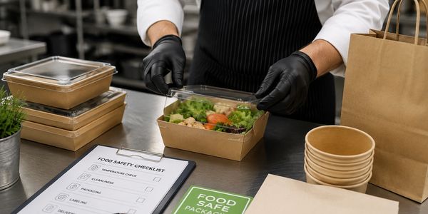 Person packing fresh salad into eco-friendly container.