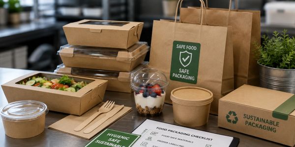 Eco-friendly, sustainable food packaging on a table.
