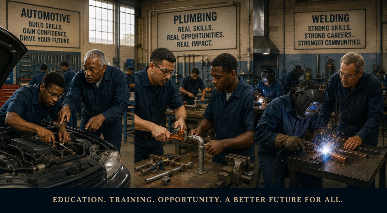 Instructors teaching automotive, plumbing, and welding skills.