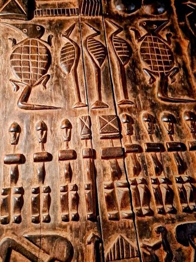 Large vintage wooden granary window (door) hand carved by the cliff people of the Dogon tribe, Mali