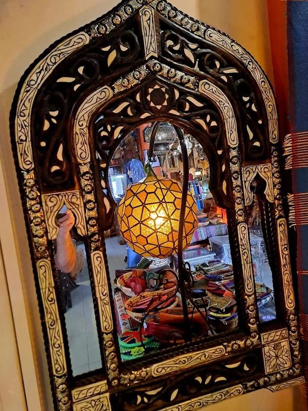 Large Pointed Arab Arch Carved Wood Mirror Decorated with Henna Dyed Engraved Camel Bone