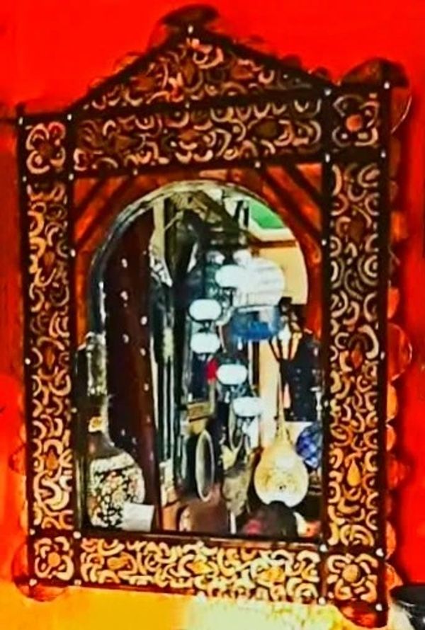 Medium Wood Mirror Decorated with Inlaid Resin & Henna Dyed Camel Bone