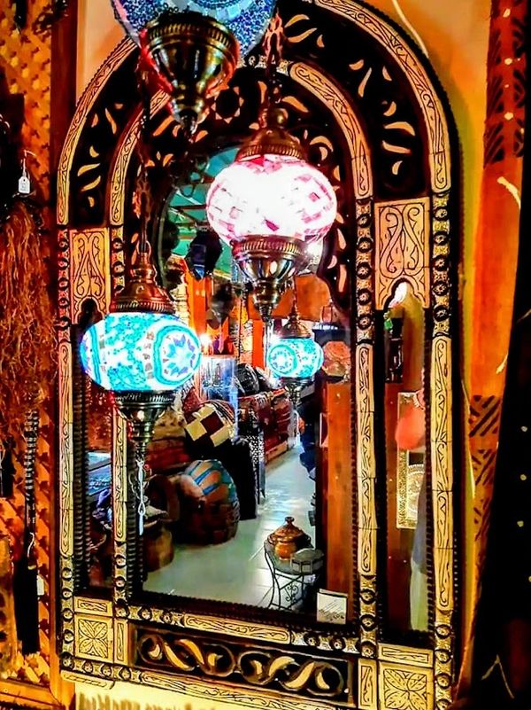 Large 3 panel Round Arch Carved Wood Mirror Decorated with Henna Dyed Engraved Camel Bone