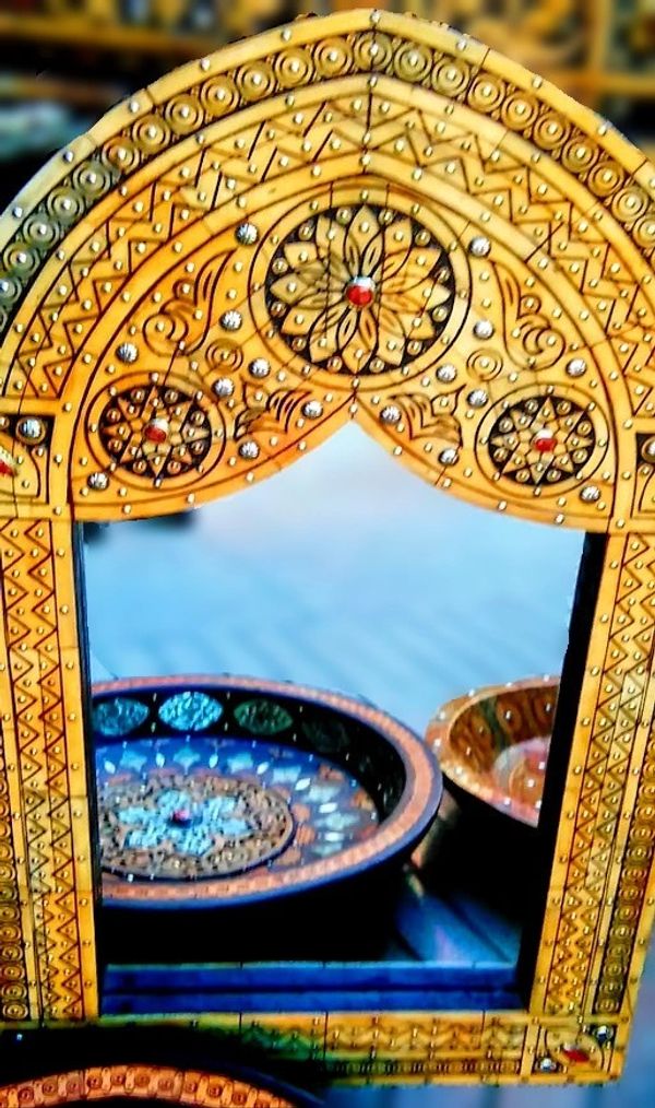 Medium Pointed Arch Mirror Decorated with Resin Inlaid Henna Dyed Camel Bone & metal stud details
