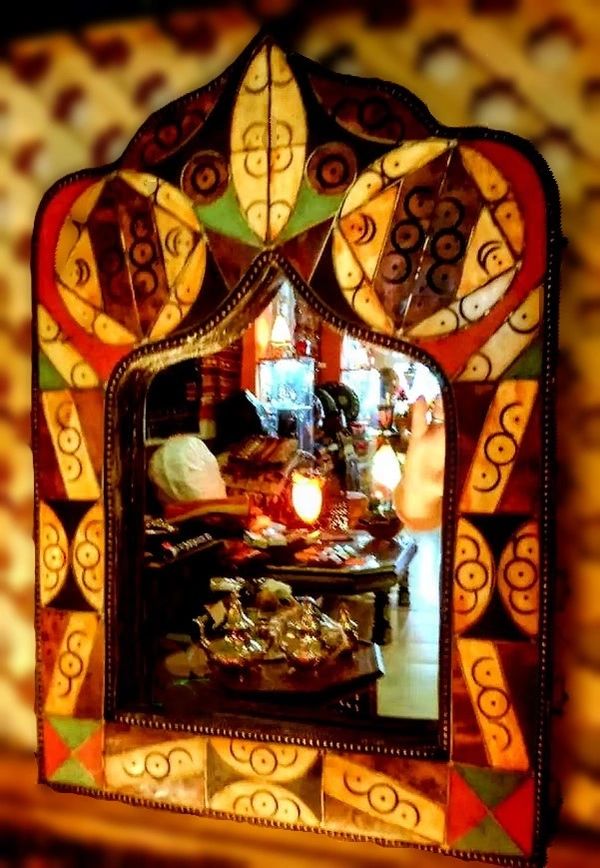 Medium Wood Mirror Decorated with Inlaid Resin & Stamped Henna Dyed Camel Bone