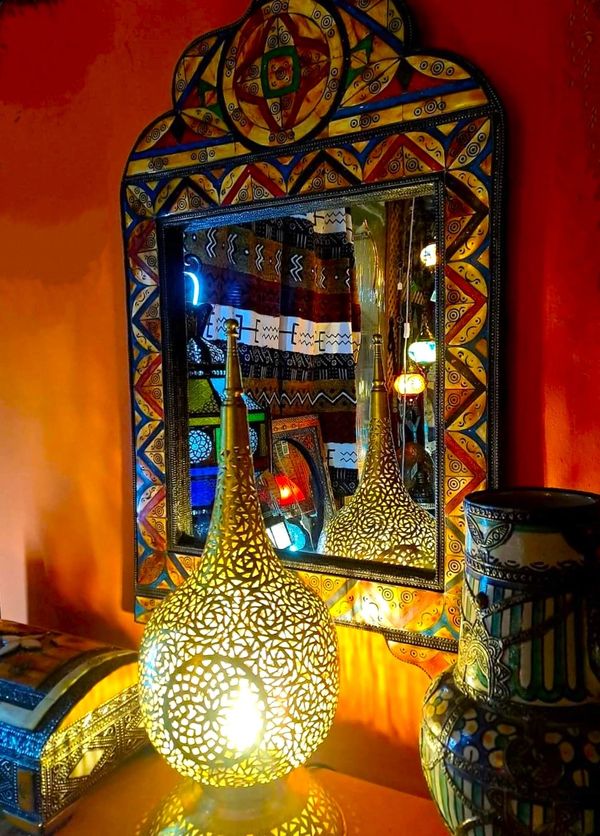 Medium Wood Mirror Decorated with Inlaid Resin & Henna Dyed Camel Bone