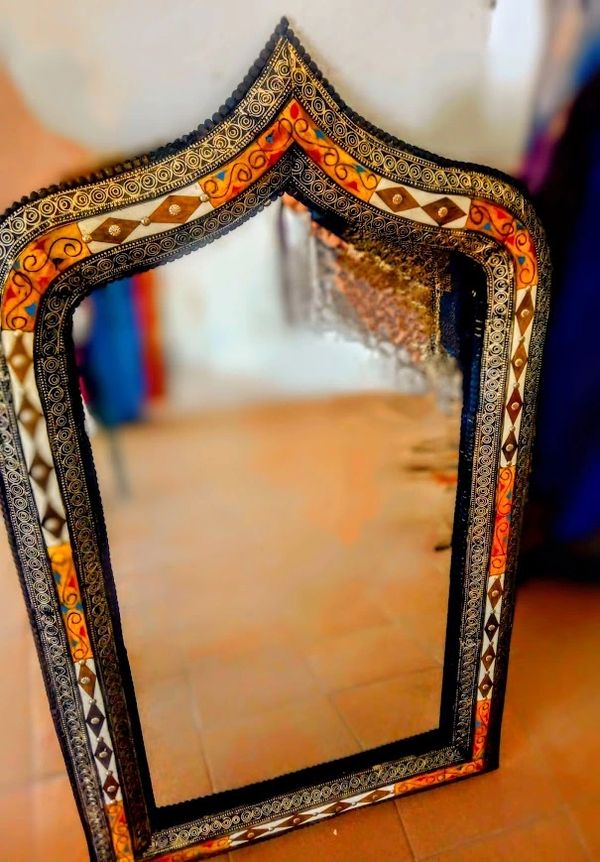 Large Pointed Arab Arch Mirror Decorated with Inlaid Camel Bone, Resin & Wood and White Metal Detail