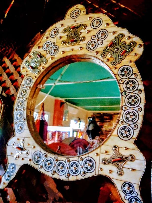 Mediun Round Wood Mirror, with Legs, Decorated with Stamped White Camel Bone and Metal Details