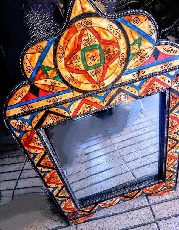 Medium Wood Mirror With Scaloped Edges, Decorated with Inlaid Resin & Stamped Henna Dyed Camel Bone