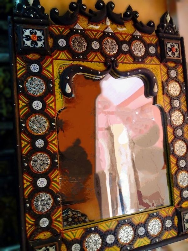 Square Wood Mirror Decorated With Painted leather and Inlaid Wood Circles around White Metal Disks