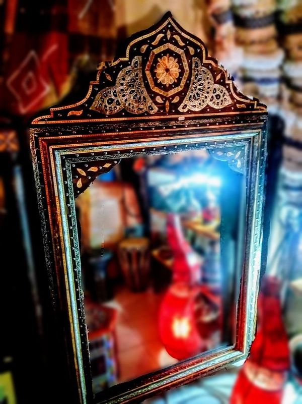 Pointed Wood Mirror With Square Glass Decorated with Inlaid Camel Bone, Wood and White Metal Details