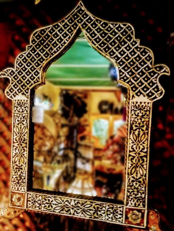 Ornate Medium Pointed Wood Mirror With Intricately Inlaid Natural Colored Camel Bone, Wood and Resin