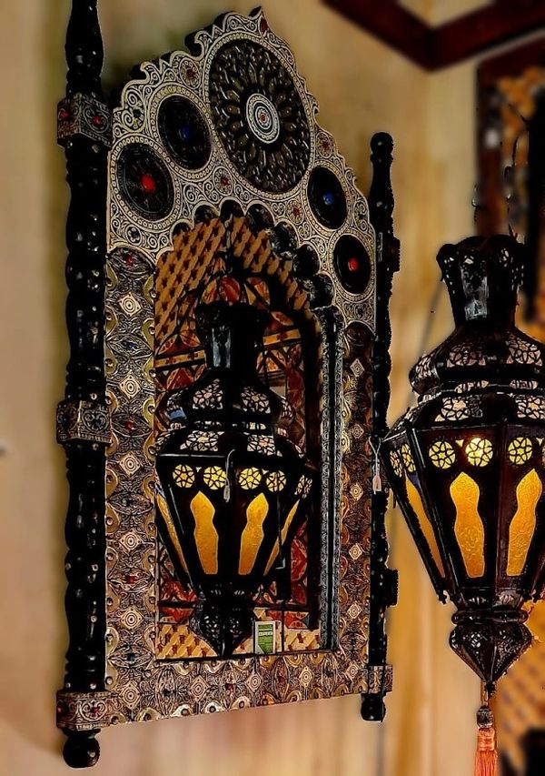 Large Ornate Pointed Arch Metal & Camel Bone Decorated Wood Mirror with Side Arms and Resin Accents