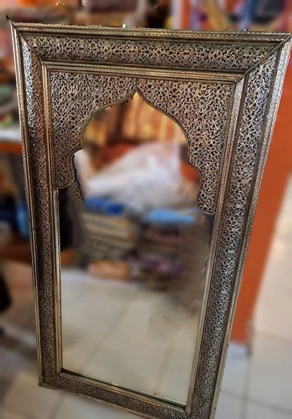Tall Fine Engraved Metal Mirror with intricate Arab Arch Glass