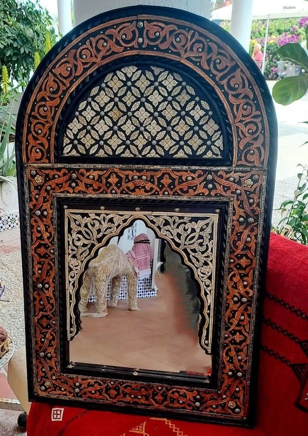 Medium Round Arch Wood Mirror Decorated With Inlaid Natural & Henna Dyed Camel Bone and Metal Studs
